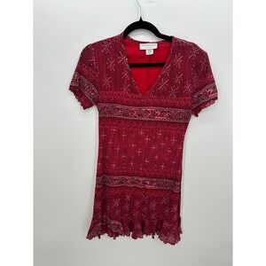Younique Y2K Mesh Fairy Grunge‎ Boho Mini Dress Red Pink Sheer Ruffle USA Sz S